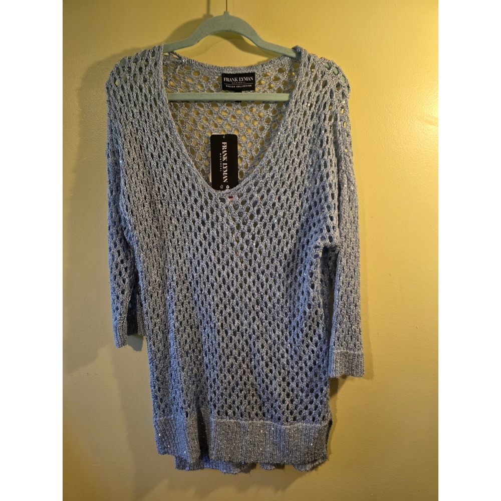 Frank Lyman Light Blue Metallic Open Knit V-Neck Tunic Sweater Sequins L NWT